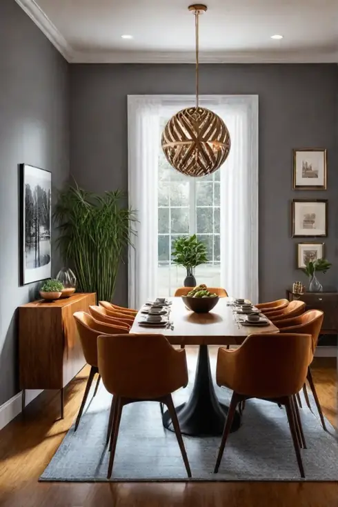 A dining room with a midcentury modern aesthetic showcasing a wooden table