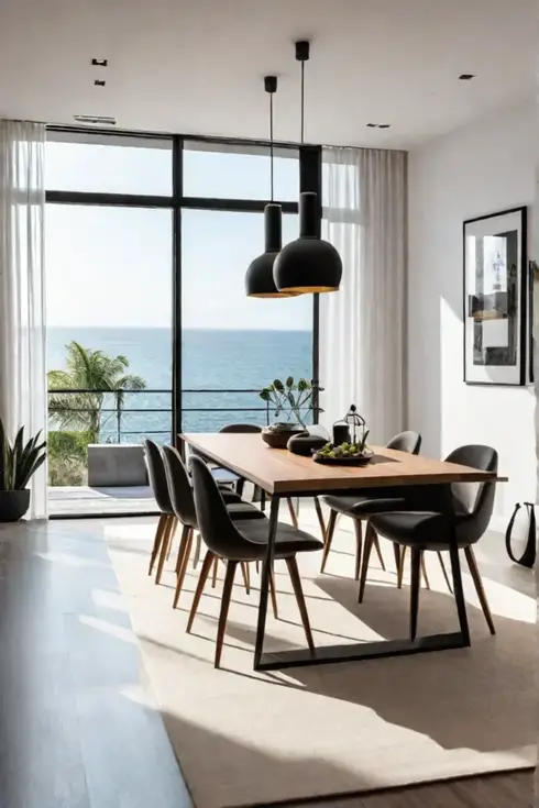 A dining room with a minimalist design featuring clean lines neutral tones