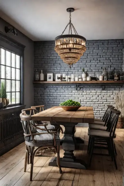 A dining room with a modern farmhouse aesthetic featuring a wooden table