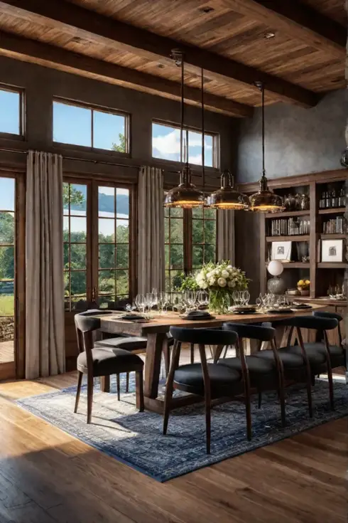A dining room with a rustic charm featuring a wooden table modern