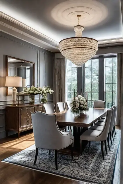 A dining room with a transitional design featuring a classic wooden table