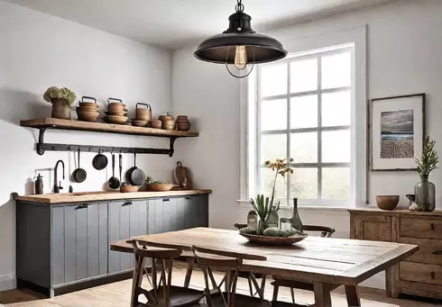 A farmhouse kitchen with white shiplap walls open shelving displaying vintage dishesfeat