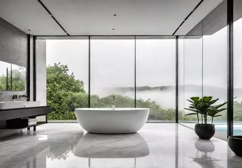 A freestanding bathtub with sleek curves sits in the center of afeat