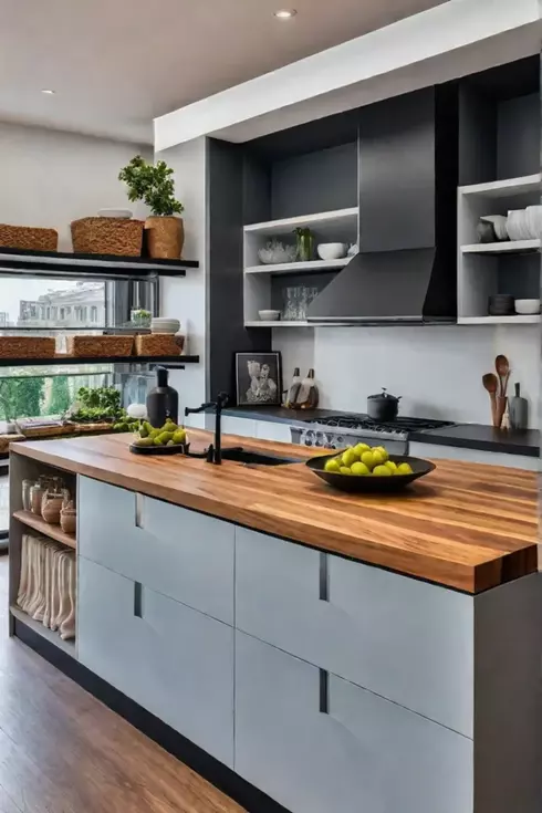 A freestanding kitchen island cabinet with a solid wood butcher block top