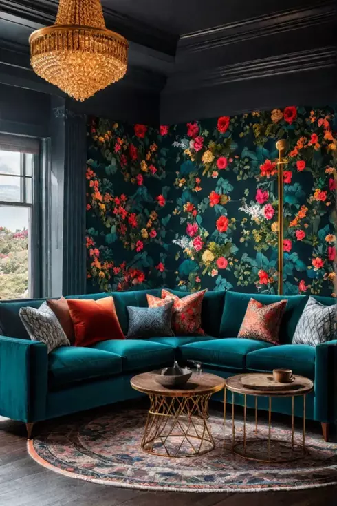 A maximalist living room with an accent wall covered in a bold