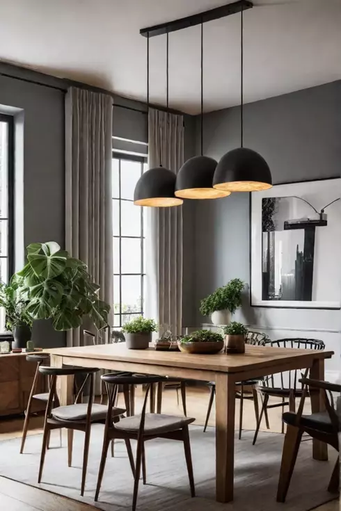 A modern Scandinavianstyle dining room with a natural wood dining table minimalist