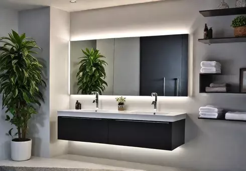 A modern bathroom with a sleek wallmounted vanity featuring builtin drawers andfeat