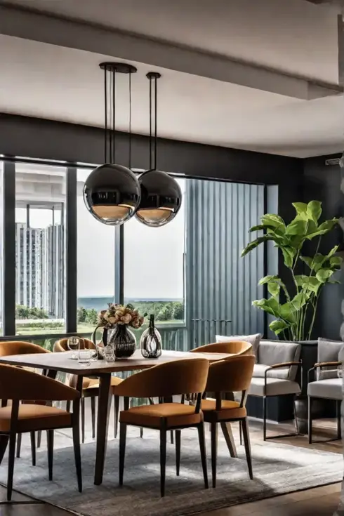 A modern dining room featuring a mix of natural and industrial elements