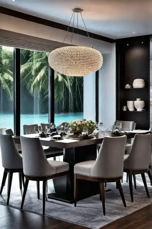 A modern dining room that incorporates smart technology including voicecontrolled lighting and