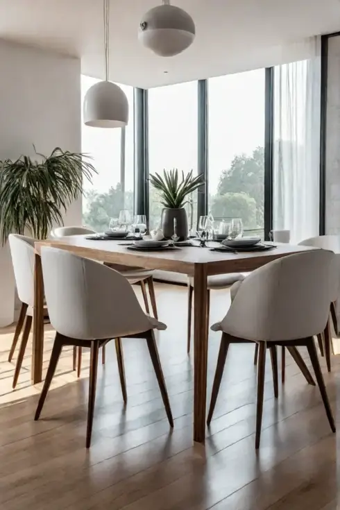 A modern dining room with a minimalist design showcasing a sleek table
