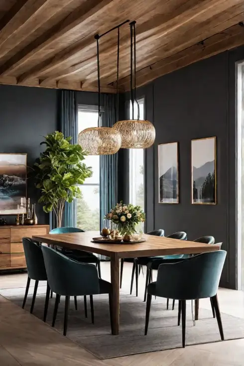 A modern dining room with a mix of natural wood glass and