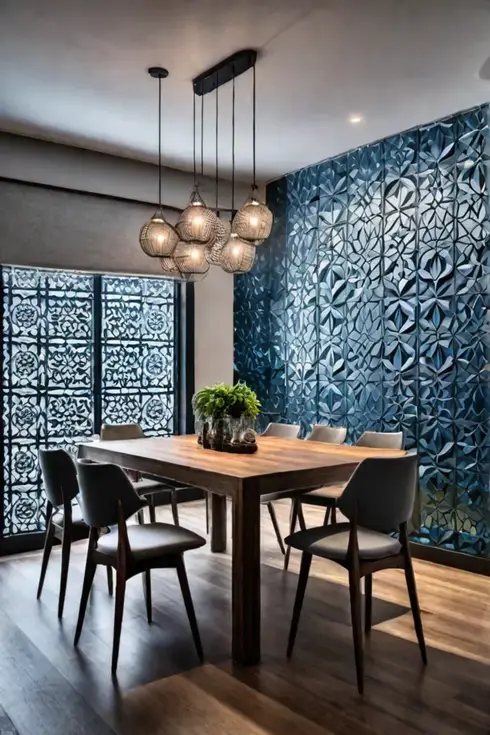 A modern dining room with a statement wall featuring a bold mural