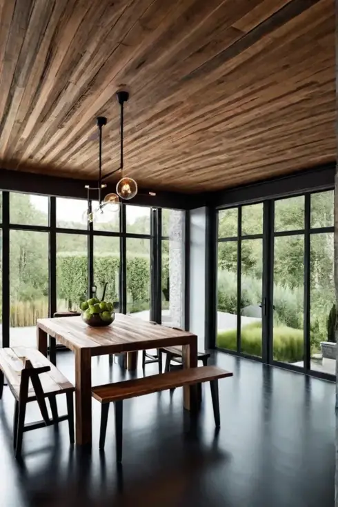 A modern dining room with reclaimed wood furniture and energyefficient lighting showcasing
