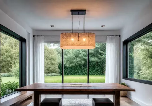 A modern farmhouse dining room bathed in natural light featuring a rusticfeat