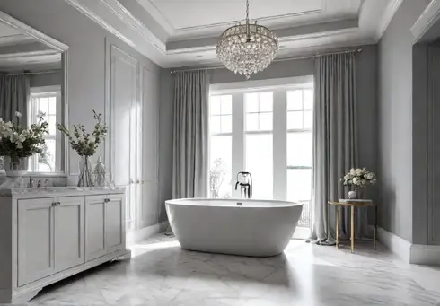 A serene master bathroom with a freestanding bathtub nestled in a bayfeat