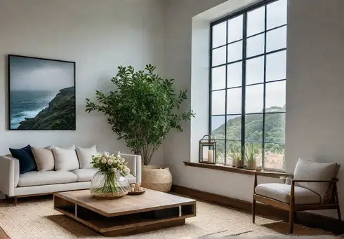 A serene minimalist living room bathed in natural light featuring a reclaimedfeat