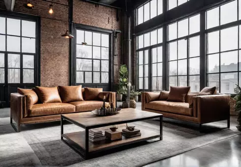 A spacious industrial living room with exposed brick walls polished concrete floorsfeat