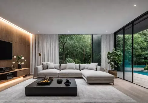 A spacious living room bathed in soft natural light with minimal furniturefeat