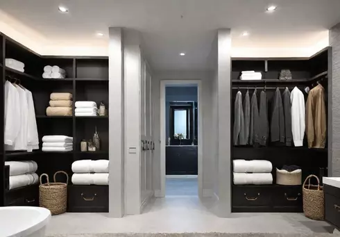 A wellorganized bathroom with shelves drawers and bins to maximize storage spacefeat