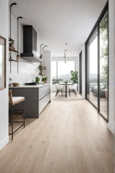 Airy and uncluttered kitchen with natural cork tiles and white walls