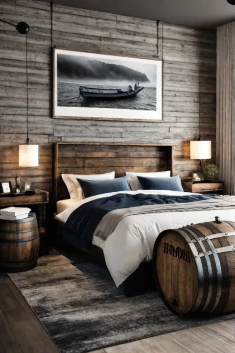 Bedroom storage using repurposed wooden barrels