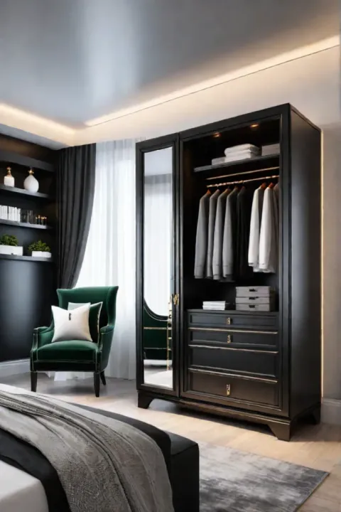 Bedroom storage with a mirrored armoire and builtin shelves