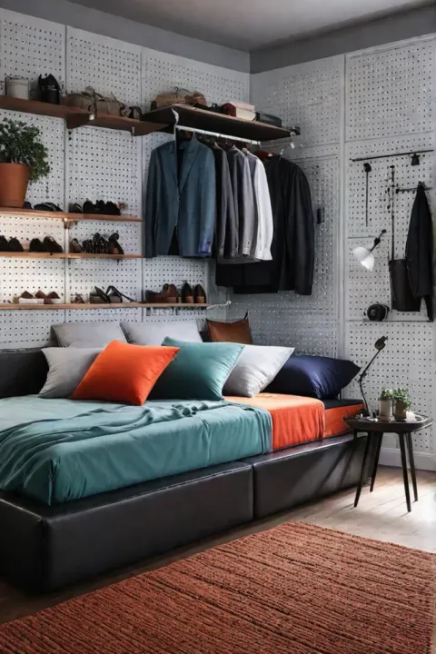 Bedroom storage with a pegboard system