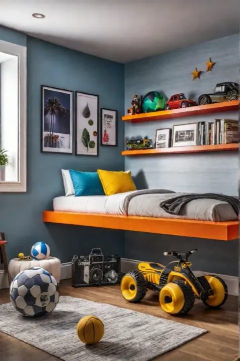 Bedroom storage with colorful floating shelves