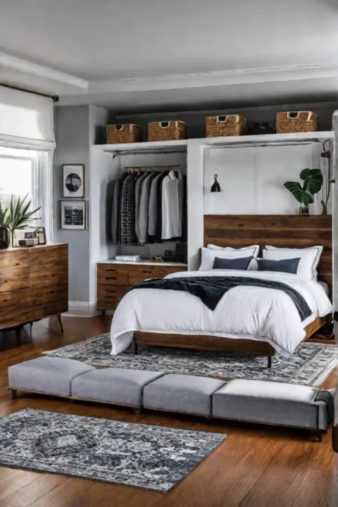 Bedroom with repurposed furniture and DIY storage solutions