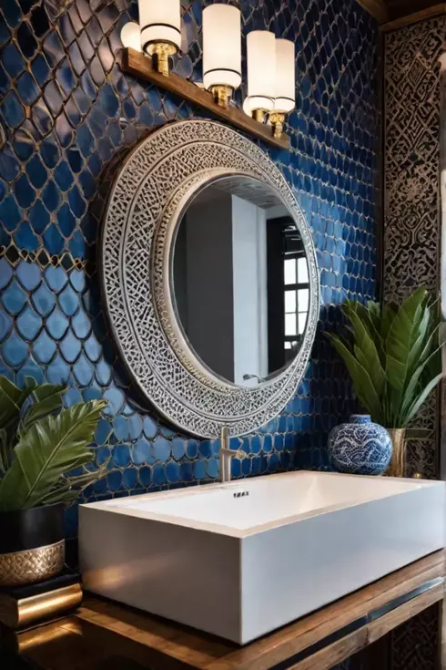 Bohemian bathroom with Moroccaninspired vanity and tiled sink