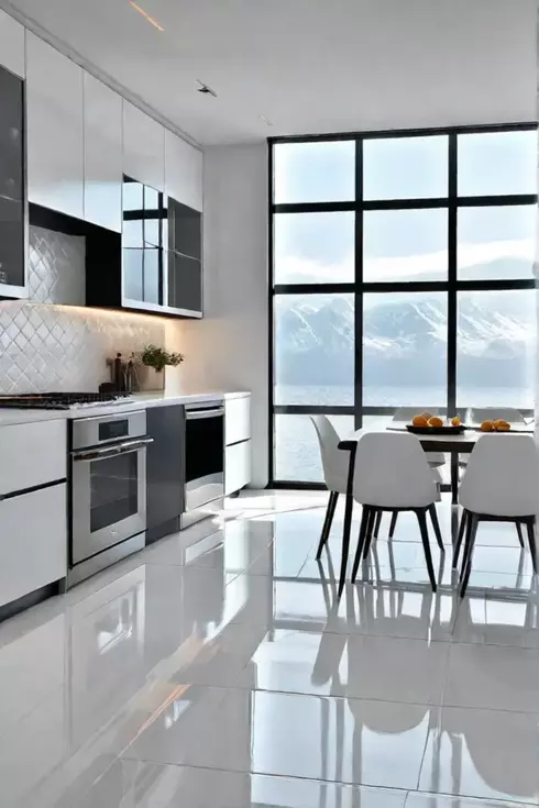 Bright kitchen with white tile flooring