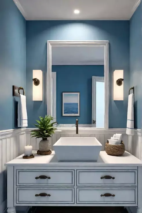 Coastal bathroom with distressed vanity and ceramic sink