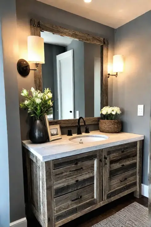 Coastal bathroom with vanity made of reclaimed wood and stone countertop