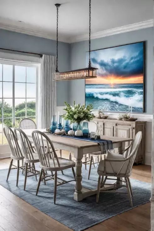 Coastal farmhouse dining room with nautical accents