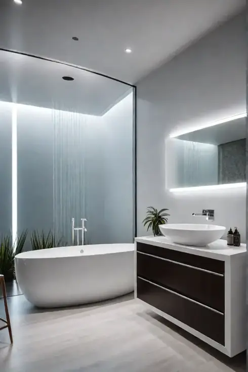 Contemporary bathroom with curved vanity and waterfall faucet