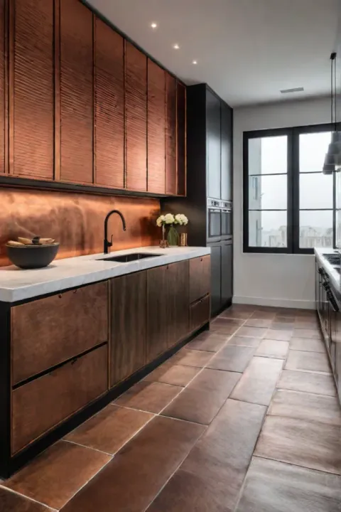 Contemporary kitchen with copper metal tiles and a warm patina