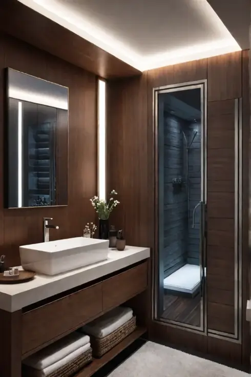 Cozy bathroom with freestanding vanity and builtin sink