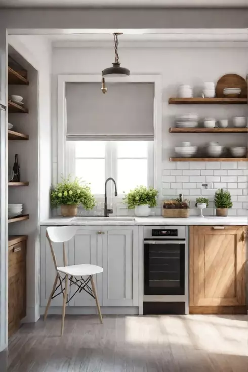 Cozy kitchen nook with organized storage and fresh flowers