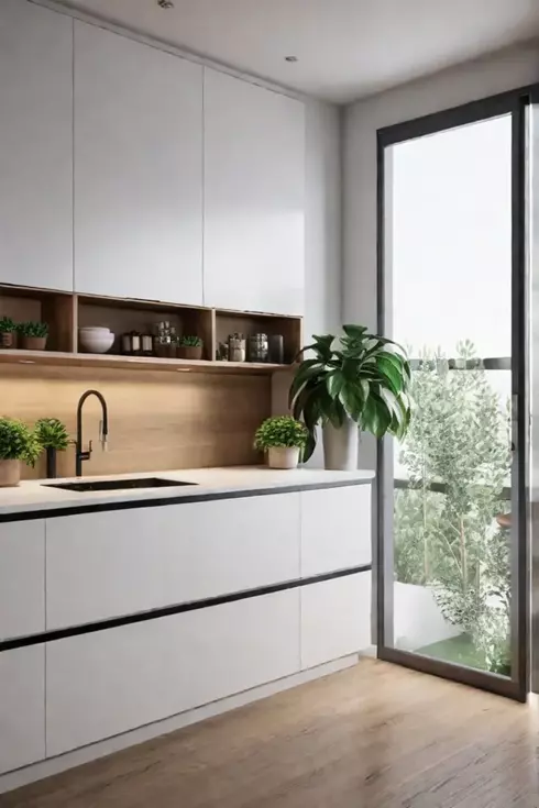 Cozy kitchen with open shelving and closed cabinets