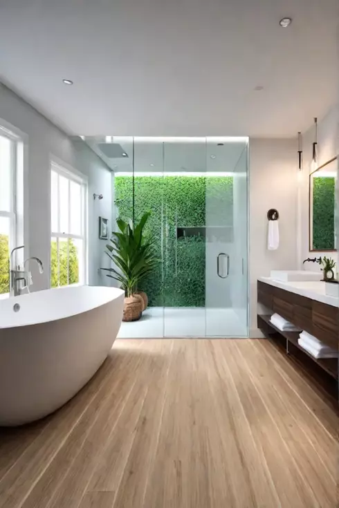 Ecofriendly master bathroom with bamboo flooring and lowflow fixtures