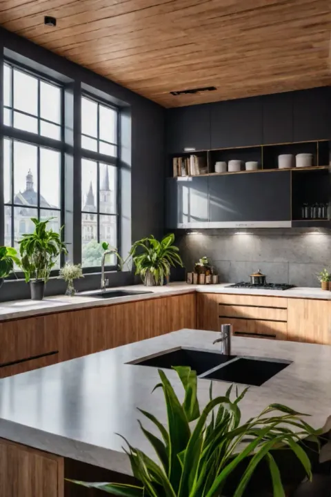 Ecofriendly kitchen with warm cork tile flooring and wooden cabinets
