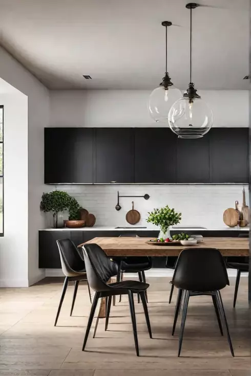 Farmhouse and modern blend kitchen with shiplap and black cabinets