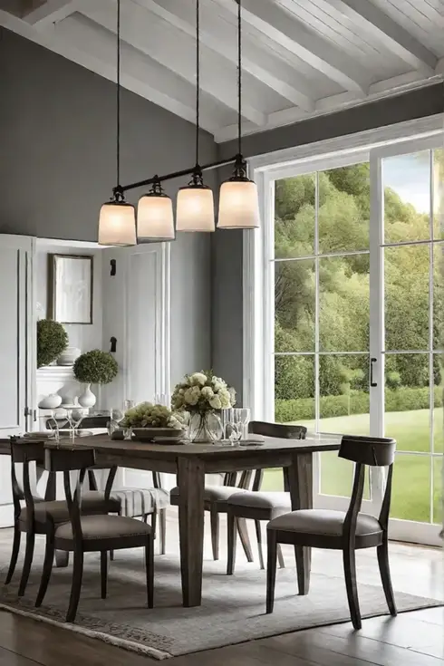 Farmhouse dining room with French doors and seeded glass wall sconces