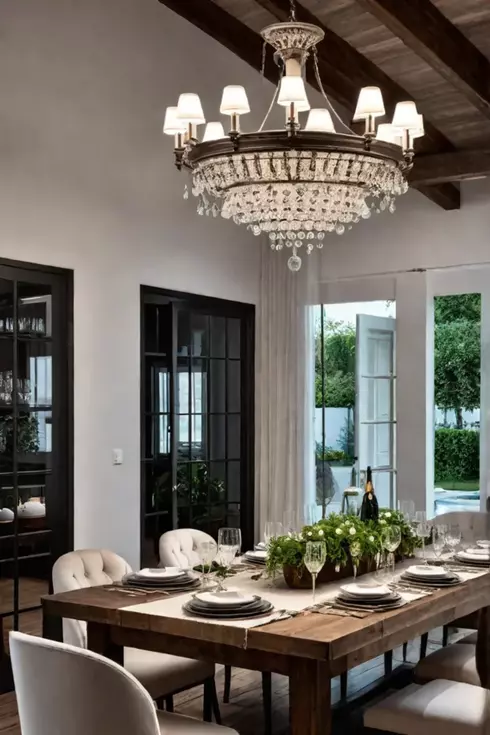 Farmhouse dining room with antique chandelier and rustic table