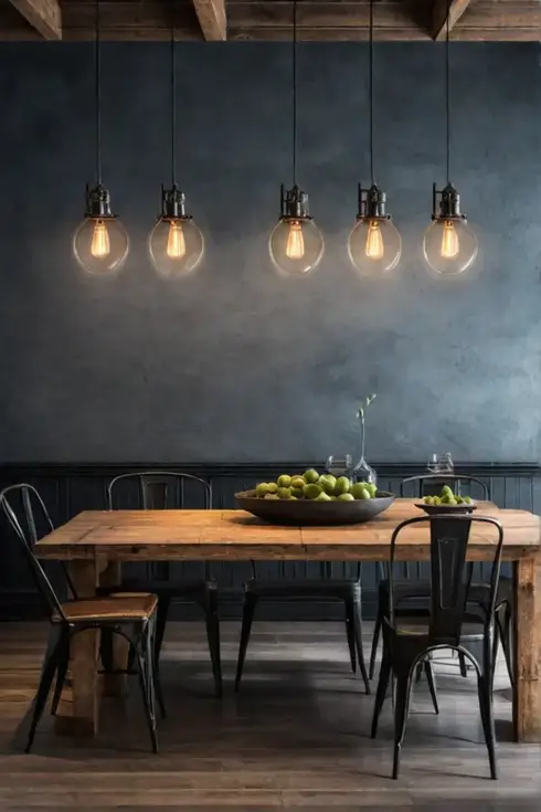 Farmhouse dining room with distressed wood table and industrial wall sconces