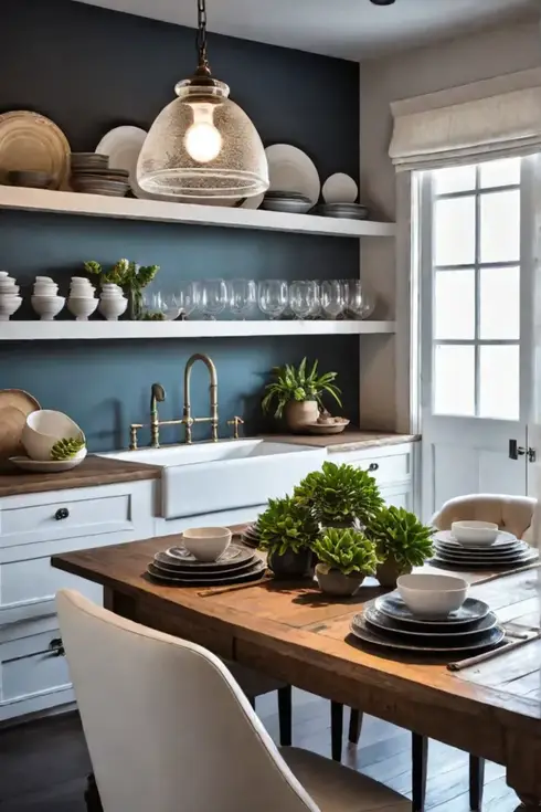 Farmhouse dining room with farmhouse sink and glass pendant lights