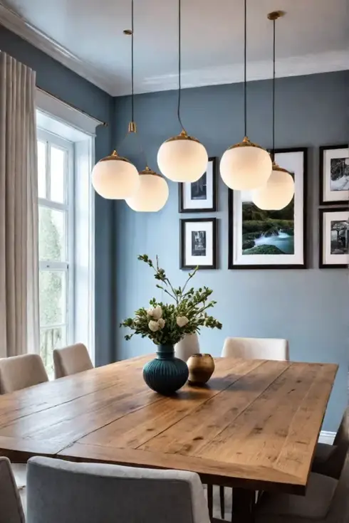 Farmhouse dining room with gallery wall and colorful pendant lights