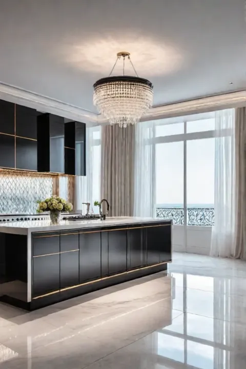 Glamorous kitchen design with reflective glass tiles and highend appliances