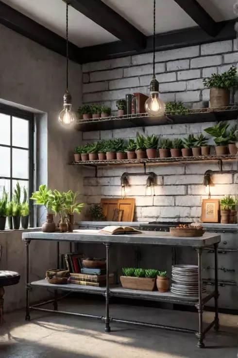 Industrial style kitchen with exposed brick and metal accents