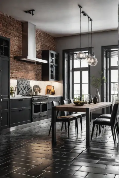 Industrialchic kitchen with metal tile flooring and exposed brick walls